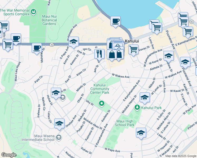 map of restaurants, bars, coffee shops, grocery stores, and more near 400 Onehee Avenue in Kahului