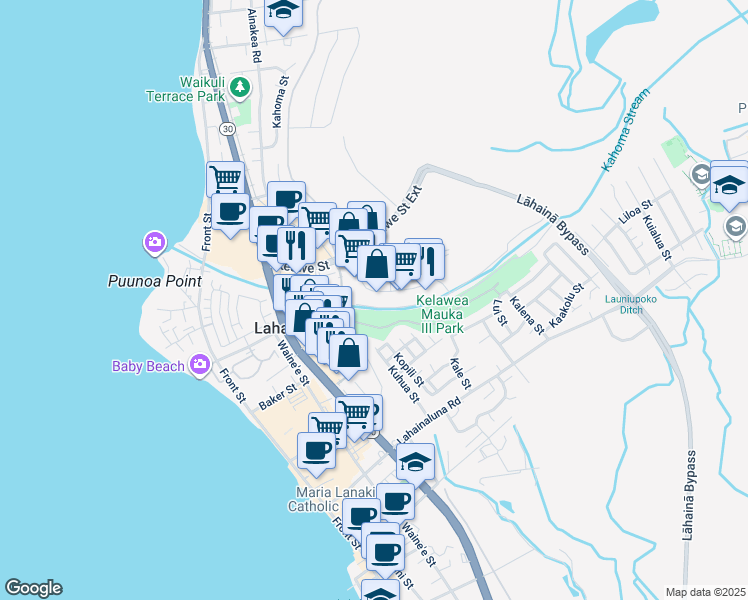 map of restaurants, bars, coffee shops, grocery stores, and more near 130 Kupuohi Street in Lahaina