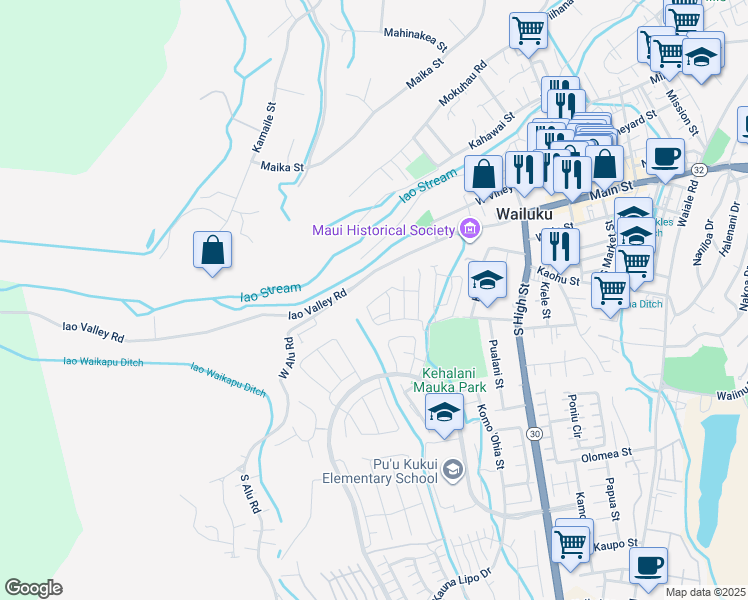 map of restaurants, bars, coffee shops, grocery stores, and more near 129 Hoolaau Street in Wailuku