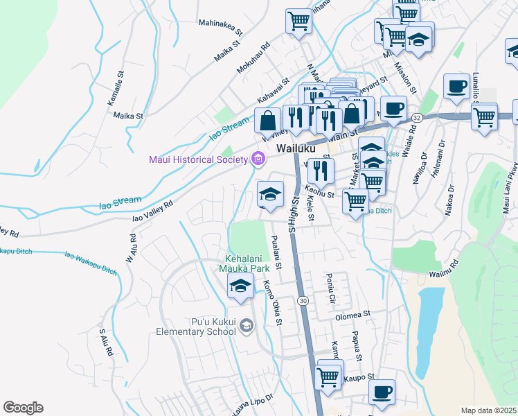 map of restaurants, bars, coffee shops, grocery stores, and more near 238 Lau Oliwa Loop in Wailuku