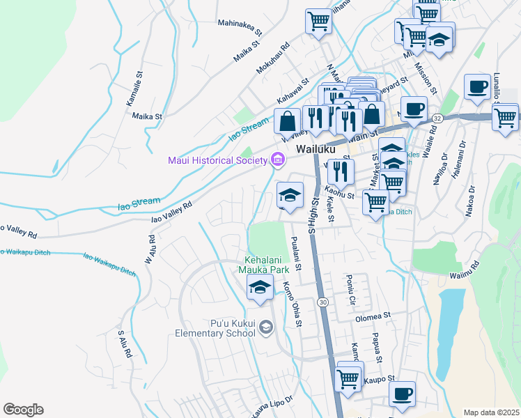 map of restaurants, bars, coffee shops, grocery stores, and more near 307 Lau Manamana Street in Wailuku