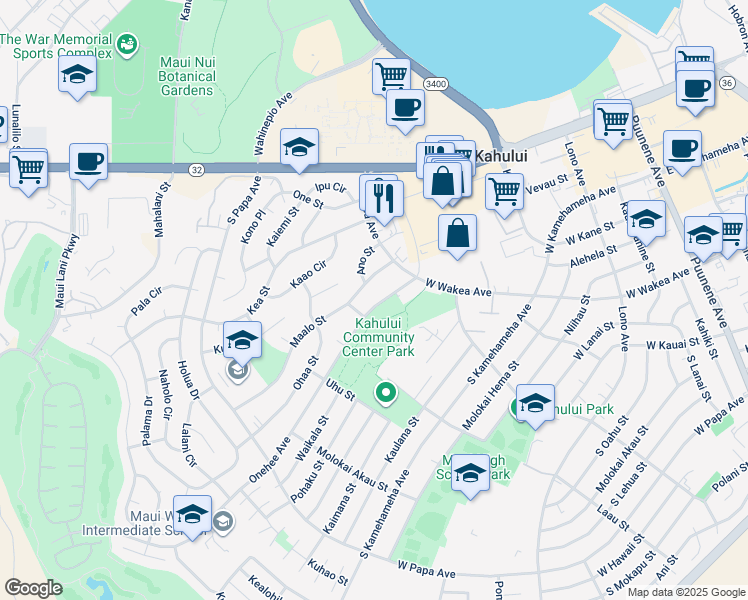map of restaurants, bars, coffee shops, grocery stores, and more near 400 Onehee Avenue in Kahului