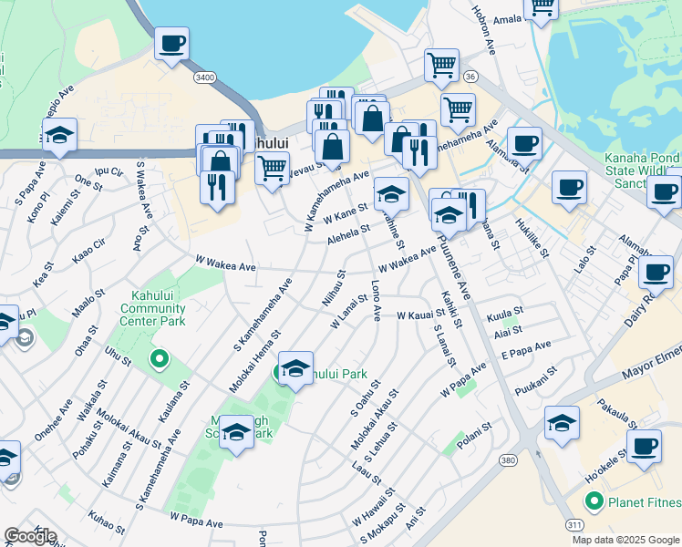 map of restaurants, bars, coffee shops, grocery stores, and more near 167 West Wakea Avenue in Kahului