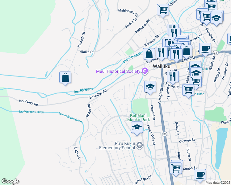map of restaurants, bars, coffee shops, grocery stores, and more near 131 Hoolaau Street in Wailuku