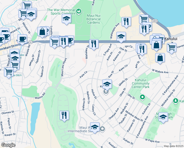 map of restaurants, bars, coffee shops, grocery stores, and more near 218 Holua Drive in Kahului