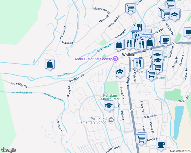 map of restaurants, bars, coffee shops, grocery stores, and more near 83 Hoolaau Street in Wailuku