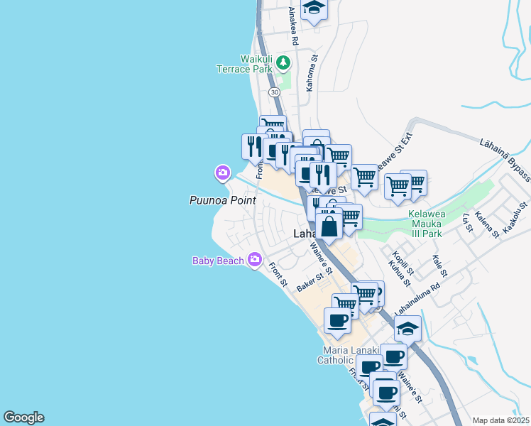 map of restaurants, bars, coffee shops, grocery stores, and more near 673 Hoe Kawele Lane in Lahaina