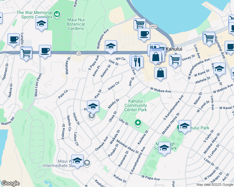 map of restaurants, bars, coffee shops, grocery stores, and more near 475 Aleo Place in Kahului