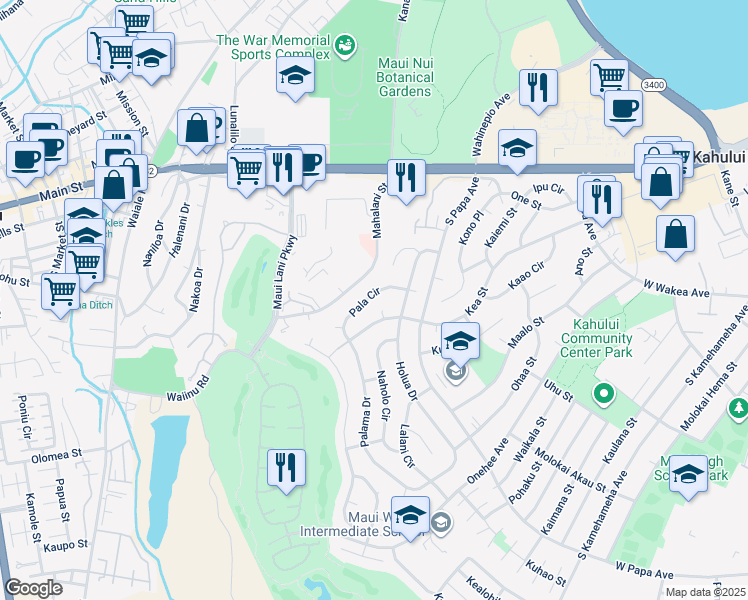 map of restaurants, bars, coffee shops, grocery stores, and more near 755 Pala Circle in Kahului