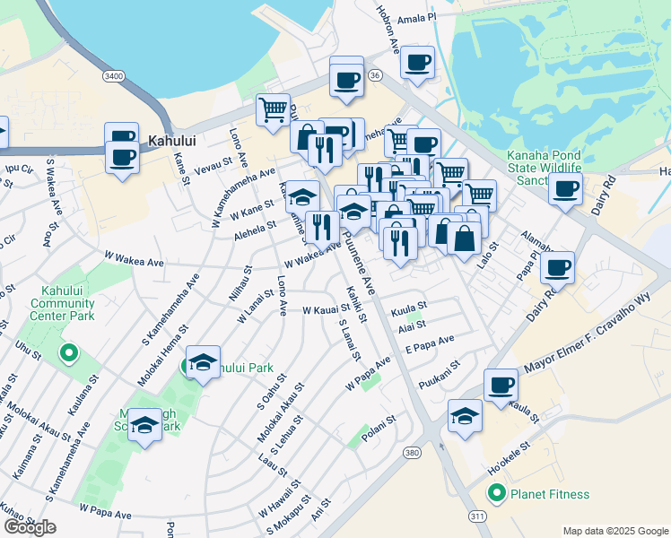 map of restaurants, bars, coffee shops, grocery stores, and more near 40 Molokini Street in Kahului