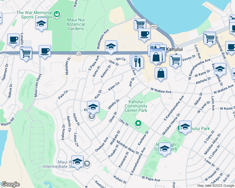 map of restaurants, bars, coffee shops, grocery stores, and more near 475 Aleo Place in Kahului