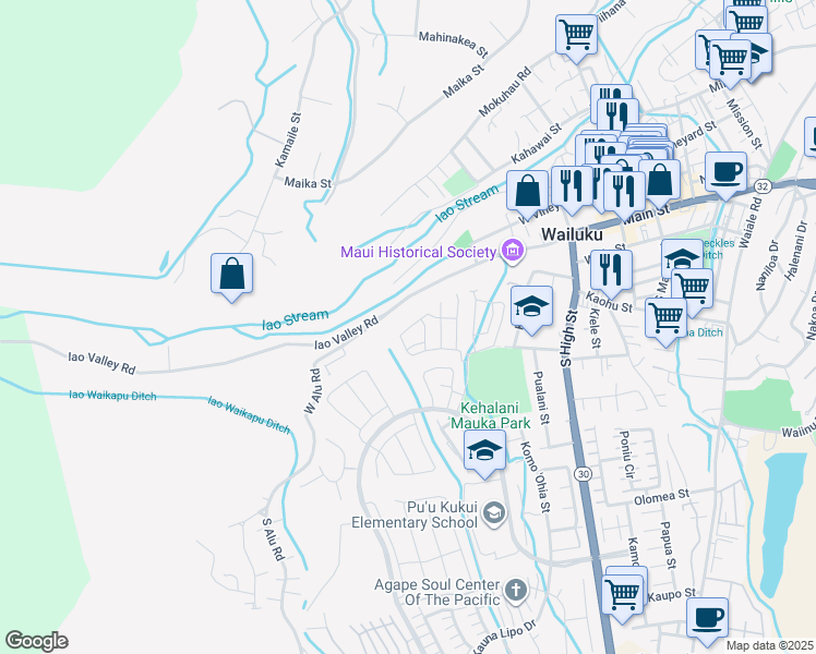 map of restaurants, bars, coffee shops, grocery stores, and more near 127 Hoolaau Street in Wailuku
