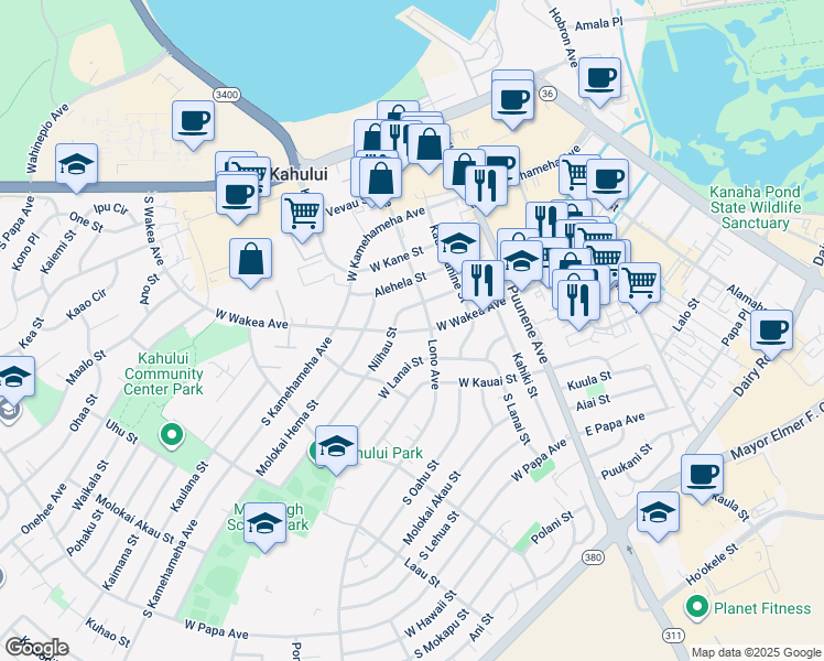 map of restaurants, bars, coffee shops, grocery stores, and more near 43 Lalaha Place in Kahului