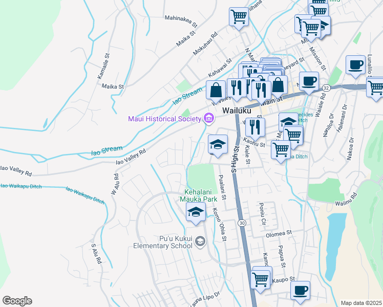 map of restaurants, bars, coffee shops, grocery stores, and more near 319 Lau Manamana Street in Wailuku