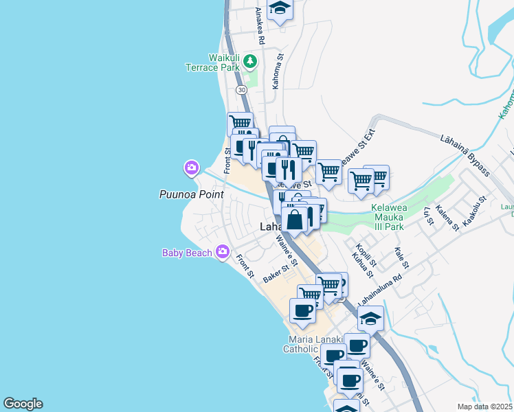 map of restaurants, bars, coffee shops, grocery stores, and more near 280 Kahoma Village Loop in Lahaina