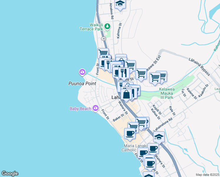 map of restaurants, bars, coffee shops, grocery stores, and more near 280 Kahoma Village Loop in Lahaina