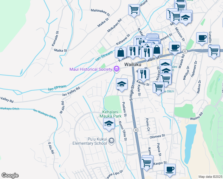 map of restaurants, bars, coffee shops, grocery stores, and more near 238 Lau Oliwa Loop in Wailuku