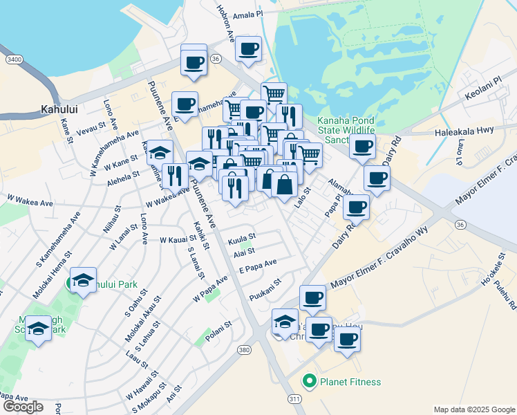 map of restaurants, bars, coffee shops, grocery stores, and more near 360 Hoohana Street in Kahului