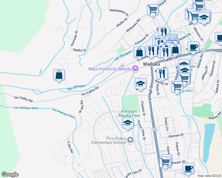 map of restaurants, bars, coffee shops, grocery stores, and more near 135 Ka ʻIkena Loop in Wailuku