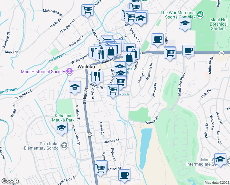 map of restaurants, bars, coffee shops, grocery stores, and more near 1841 Kalawi Place in Wailuku