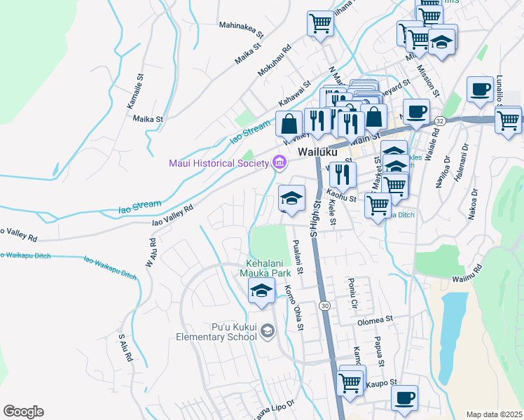 map of restaurants, bars, coffee shops, grocery stores, and more near 243 Lau Oliwa Loop in Wailuku
