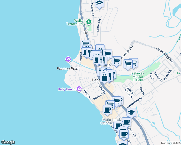 map of restaurants, bars, coffee shops, grocery stores, and more near 280 Kahoma Village Loop in Lahaina