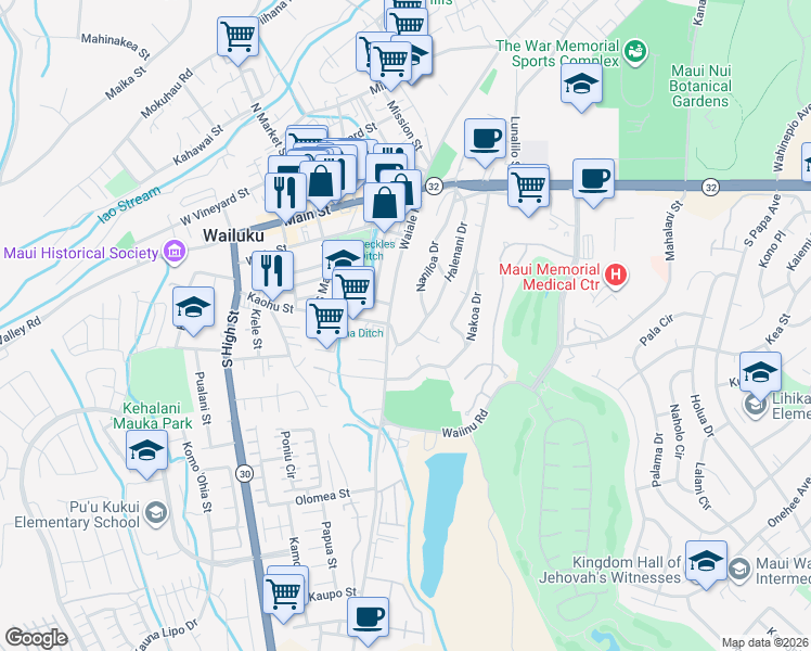 map of restaurants, bars, coffee shops, grocery stores, and more near 327 Naniloa Drive in Wailuku