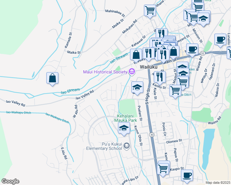 map of restaurants, bars, coffee shops, grocery stores, and more near 33 Kakawahie Street in Wailuku