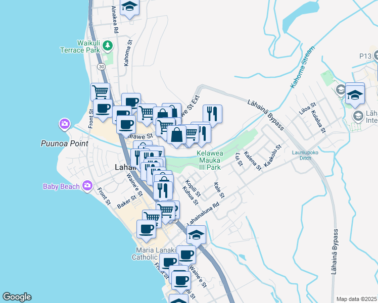 map of restaurants, bars, coffee shops, grocery stores, and more near 201 Komo Mai Street in Lahaina