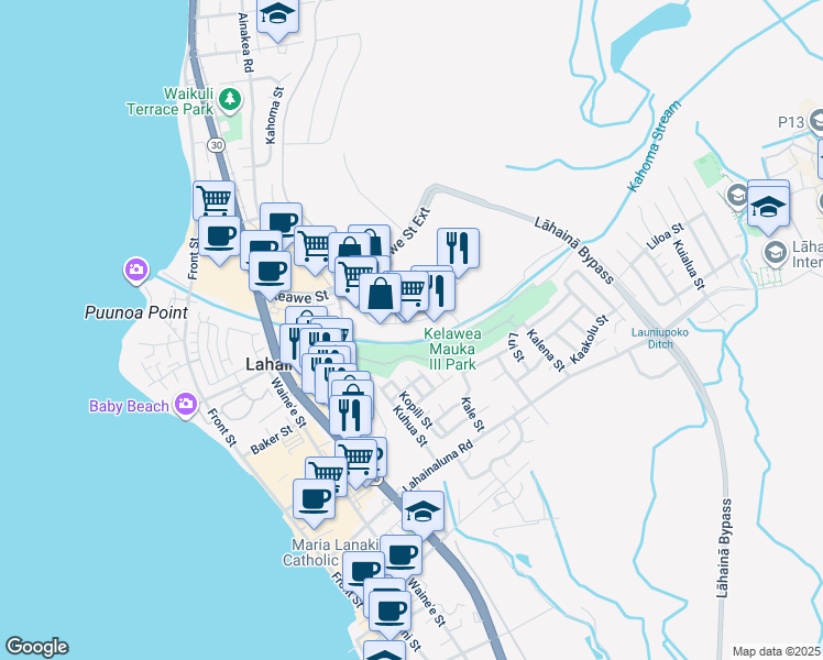 map of restaurants, bars, coffee shops, grocery stores, and more near 201 Komo Mai Street in Lahaina