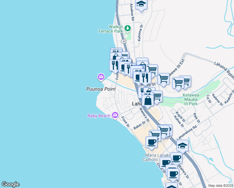 map of restaurants, bars, coffee shops, grocery stores, and more near 418 Kahoma Village Loop in Lahaina