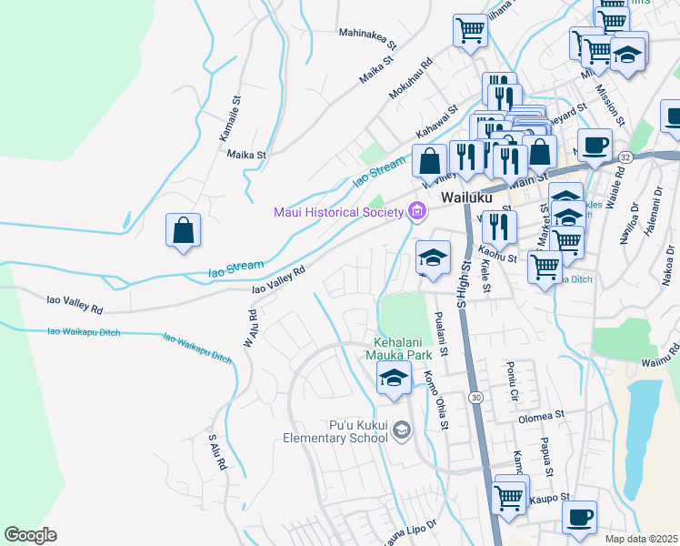 map of restaurants, bars, coffee shops, grocery stores, and more near Po`ouli Street in Wailuku