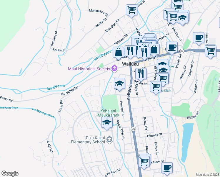 map of restaurants, bars, coffee shops, grocery stores, and more near 238 Lau Oliwa Loop in Wailuku