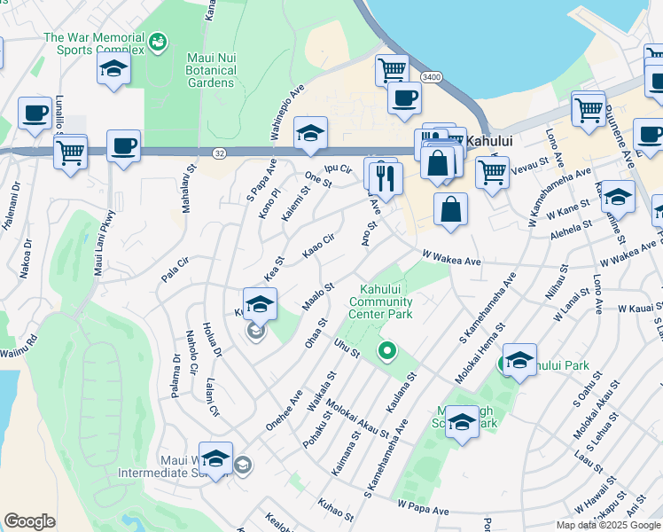 map of restaurants, bars, coffee shops, grocery stores, and more near 469 Aleo Place in Kahului