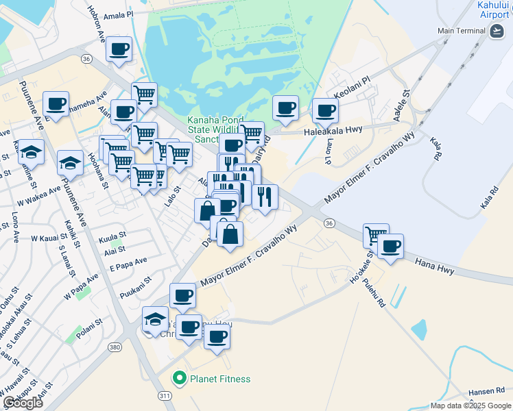 map of restaurants, bars, coffee shops, grocery stores, and more near 385 Ala Makani Street in Kahului