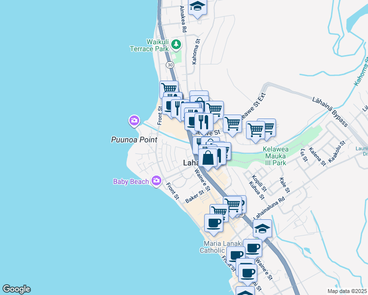 map of restaurants, bars, coffee shops, grocery stores, and more near 274 Kahoma Village Loop in Lahaina