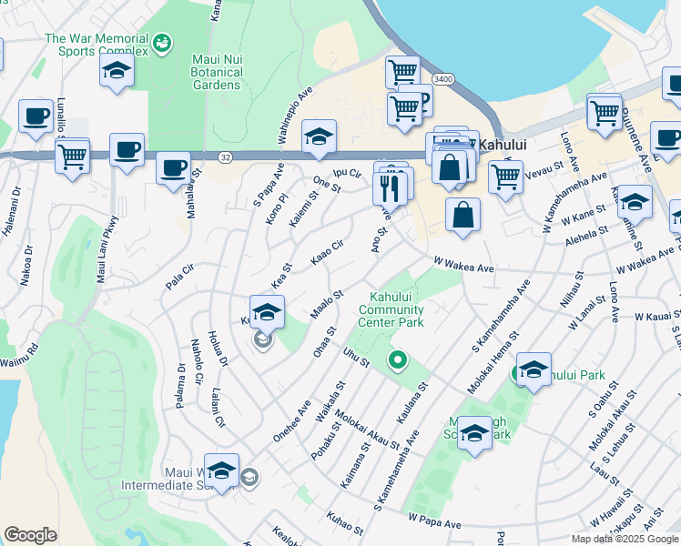 map of restaurants, bars, coffee shops, grocery stores, and more near 469 Aleo Place in Kahului