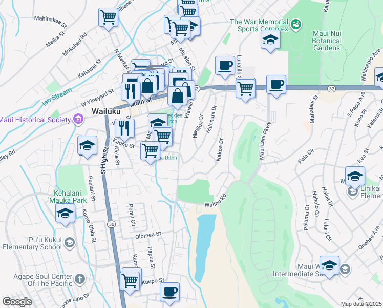map of restaurants, bars, coffee shops, grocery stores, and more near 315 Naniloa Drive in Wailuku