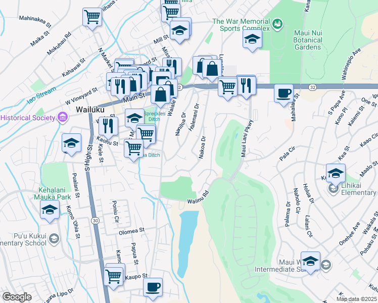 map of restaurants, bars, coffee shops, grocery stores, and more near 183 Ku Drive in Wailuku