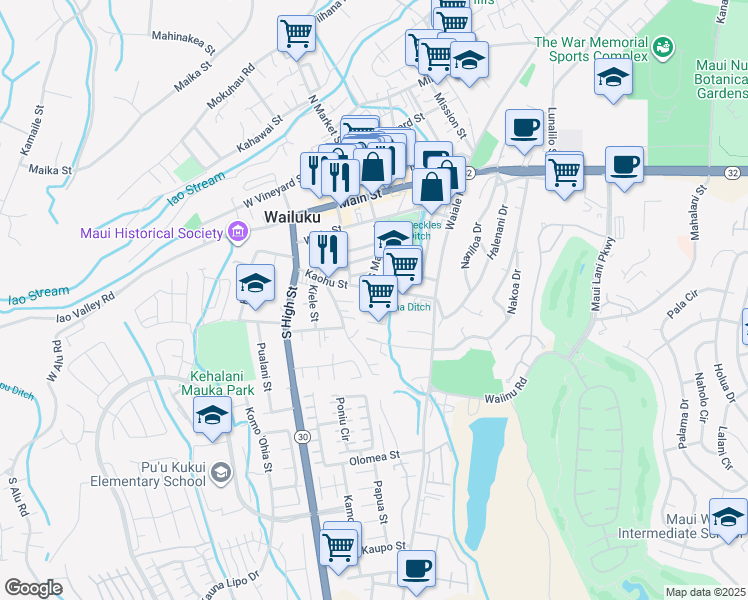 map of restaurants, bars, coffee shops, grocery stores, and more near 1972 Kalawi Place in Wailuku