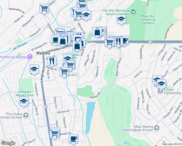 map of restaurants, bars, coffee shops, grocery stores, and more near 183 Ku Drive in Wailuku