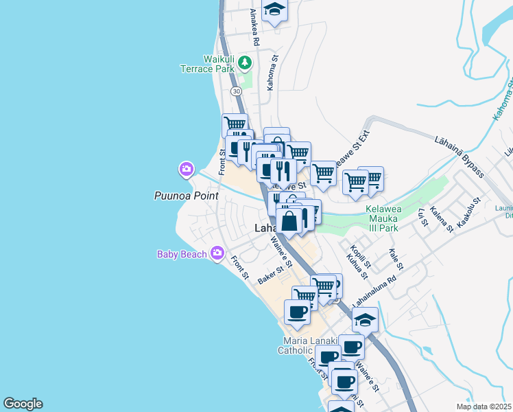 map of restaurants, bars, coffee shops, grocery stores, and more near 274 Kahoma Village Loop in Lahaina