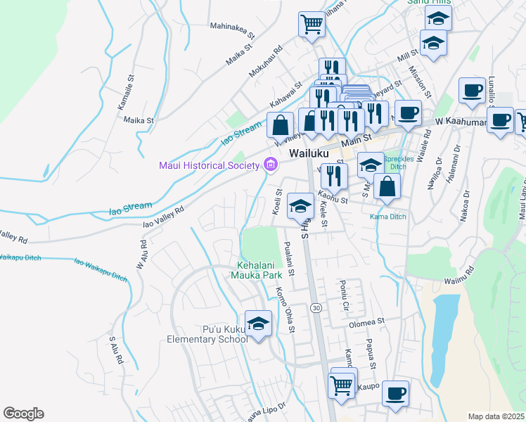 map of restaurants, bars, coffee shops, grocery stores, and more near 211 Lau Oliwa Loop in Wailuku