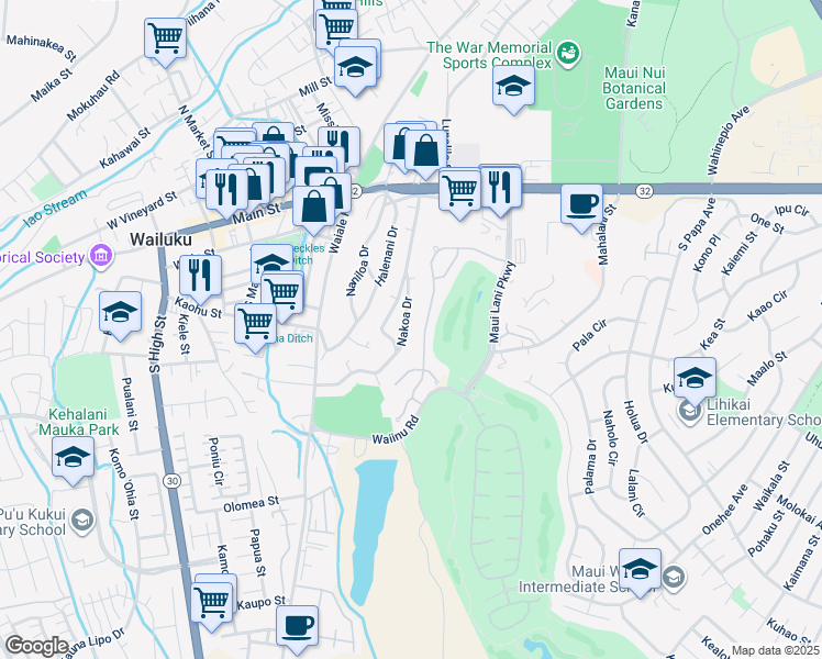 map of restaurants, bars, coffee shops, grocery stores, and more near 190 Nakoa Drive in Wailuku