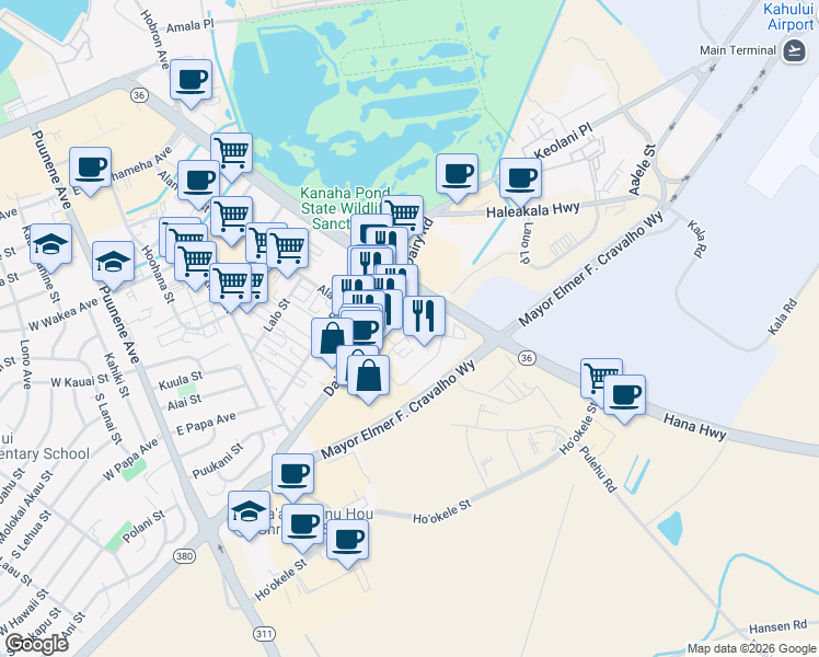 map of restaurants, bars, coffee shops, grocery stores, and more near 385 Ala Makani Street in Kahului