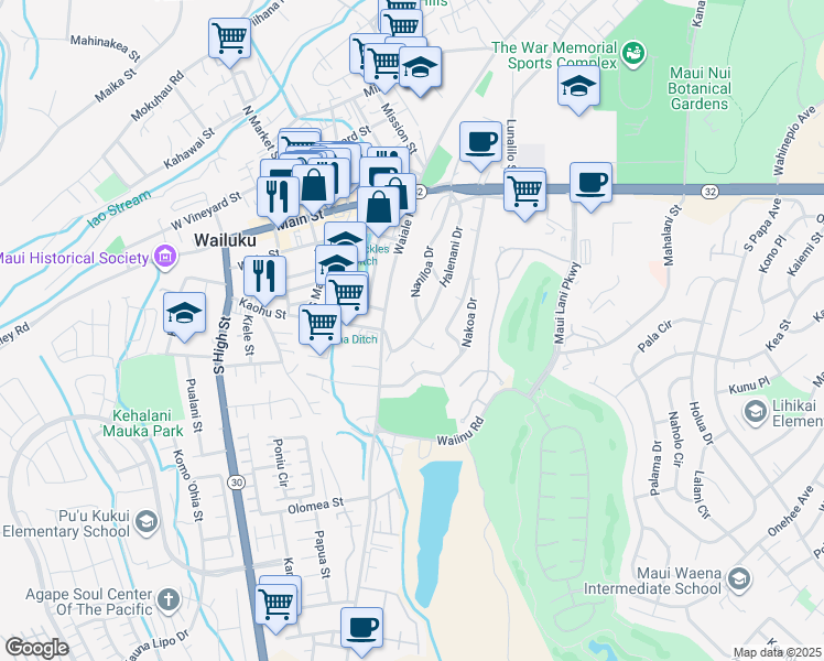 map of restaurants, bars, coffee shops, grocery stores, and more near 315 Naniloa Drive in Wailuku