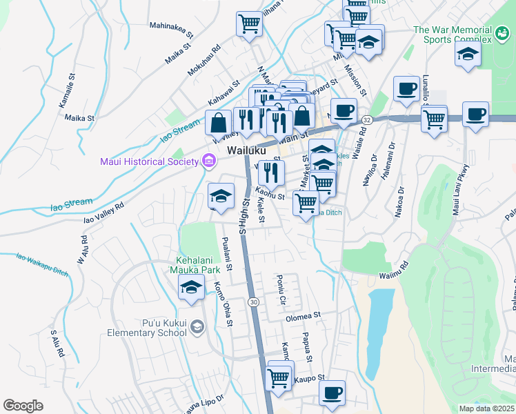 map of restaurants, bars, coffee shops, grocery stores, and more near 2168 Ulu Place in Wailuku