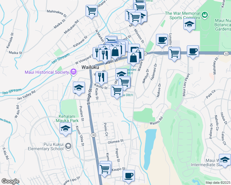 map of restaurants, bars, coffee shops, grocery stores, and more near 1972 Kalawi Place in Wailuku