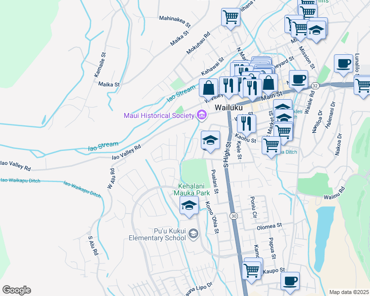 map of restaurants, bars, coffee shops, grocery stores, and more near 118 Eulu Street in Wailuku