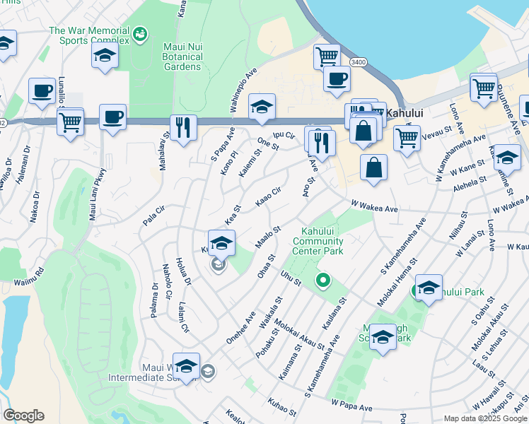 map of restaurants, bars, coffee shops, grocery stores, and more near 124 Ohaa Street in Kahului
